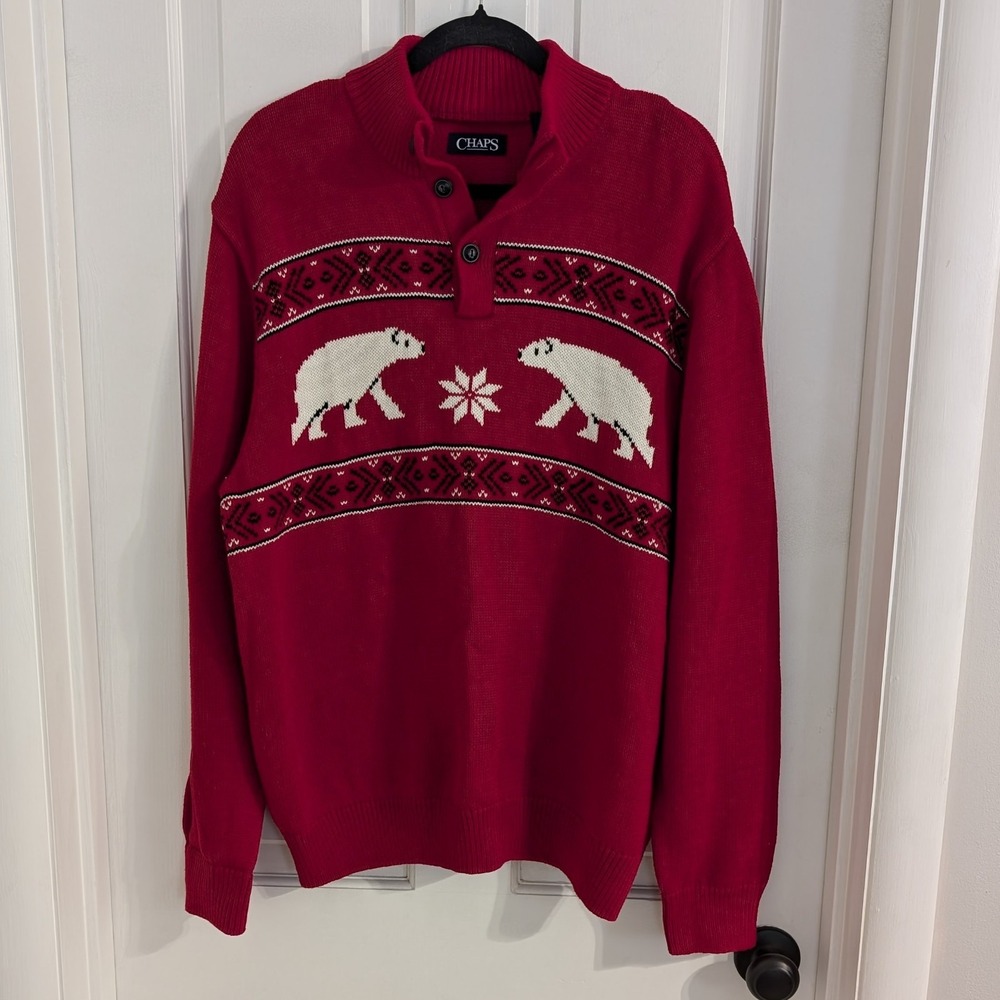 Chaps‎ Men's Holiday Henley Sweater LARGE Cotton Winter Christmas Soft Bears Red